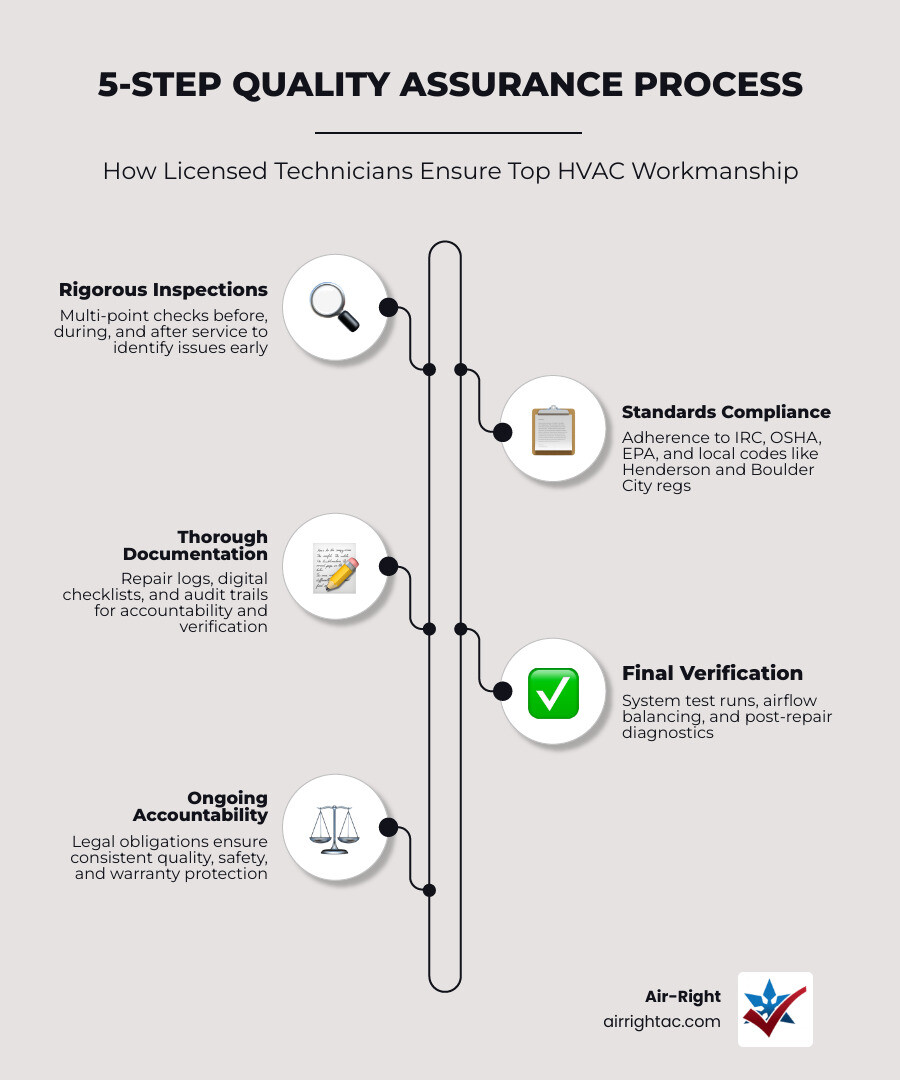 5-step quality assurance process for residential HVAC systems infographic - how licensed technicians ensure quality work