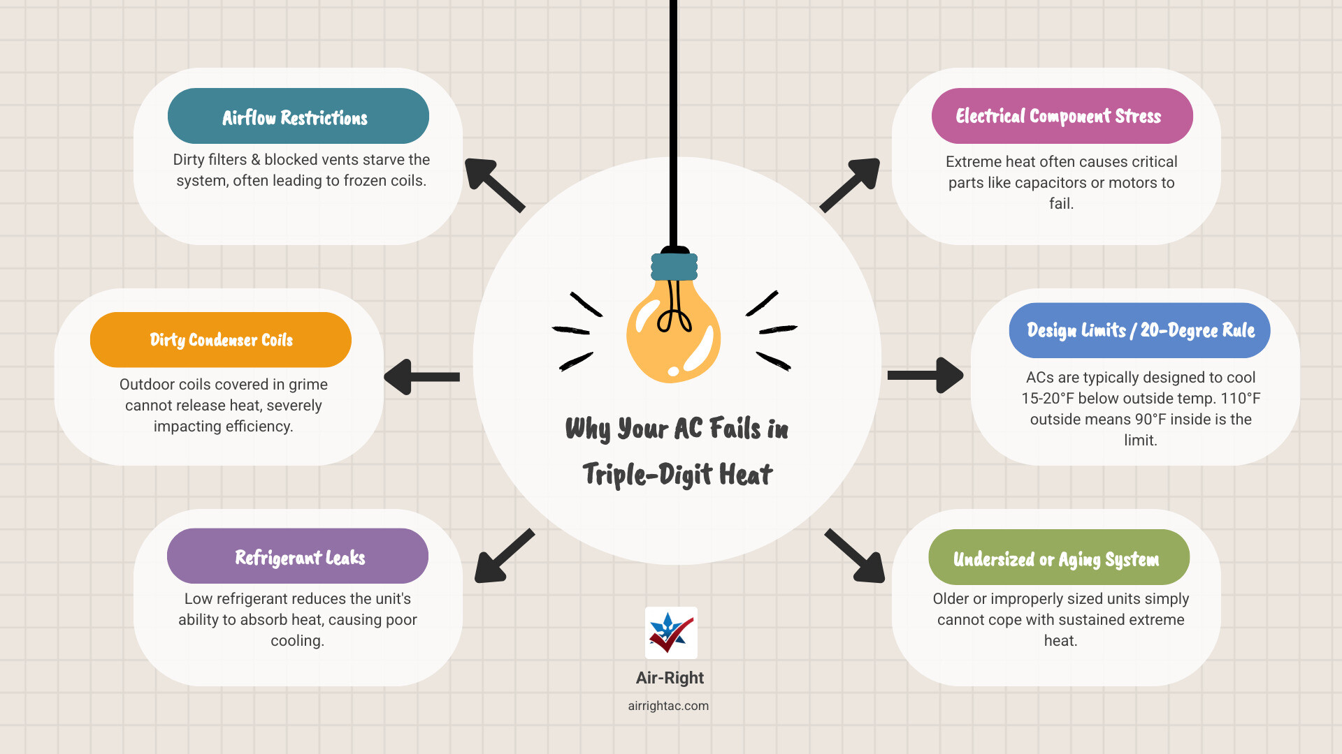 Infographic showing AC 20-degree cooling differential and top reasons AC stops cooling in triple digit weather - common