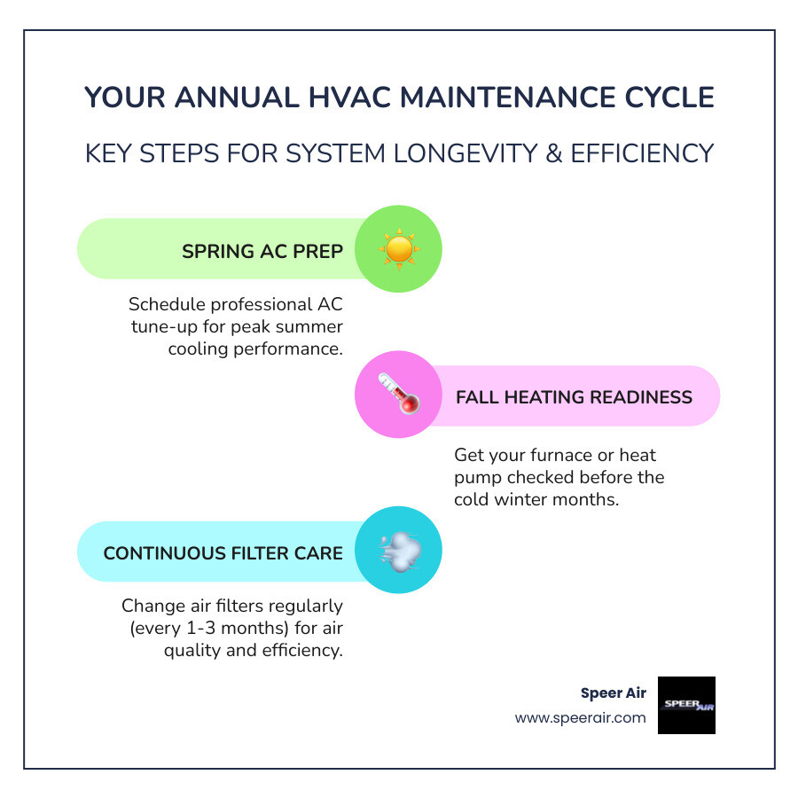 Infographic showing seasonal HVAC maintenance cycle: Spring AC tune-up, Fall furnace check, year-round filter care - how Infographic showing seasonal HVAC maintenance cycle: Spring AC tune-up, Fall furnace check, year-round filter care - how