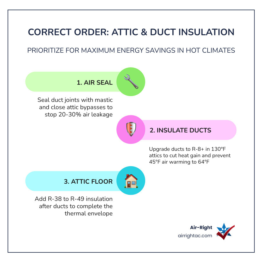 Infographic showing the correct order: air seal ducts, insulate ducts, then add attic floor insulation with R-value