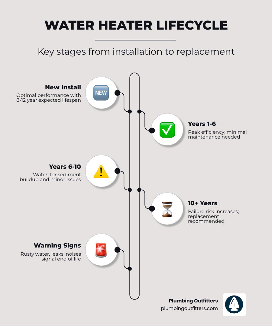Infographic showing the typical water heater lifecycle, key warning signs, and replacement timeline - how to know when to Infographic showing the typical water heater lifecycle, key warning signs, and replacement timeline - how to know when to