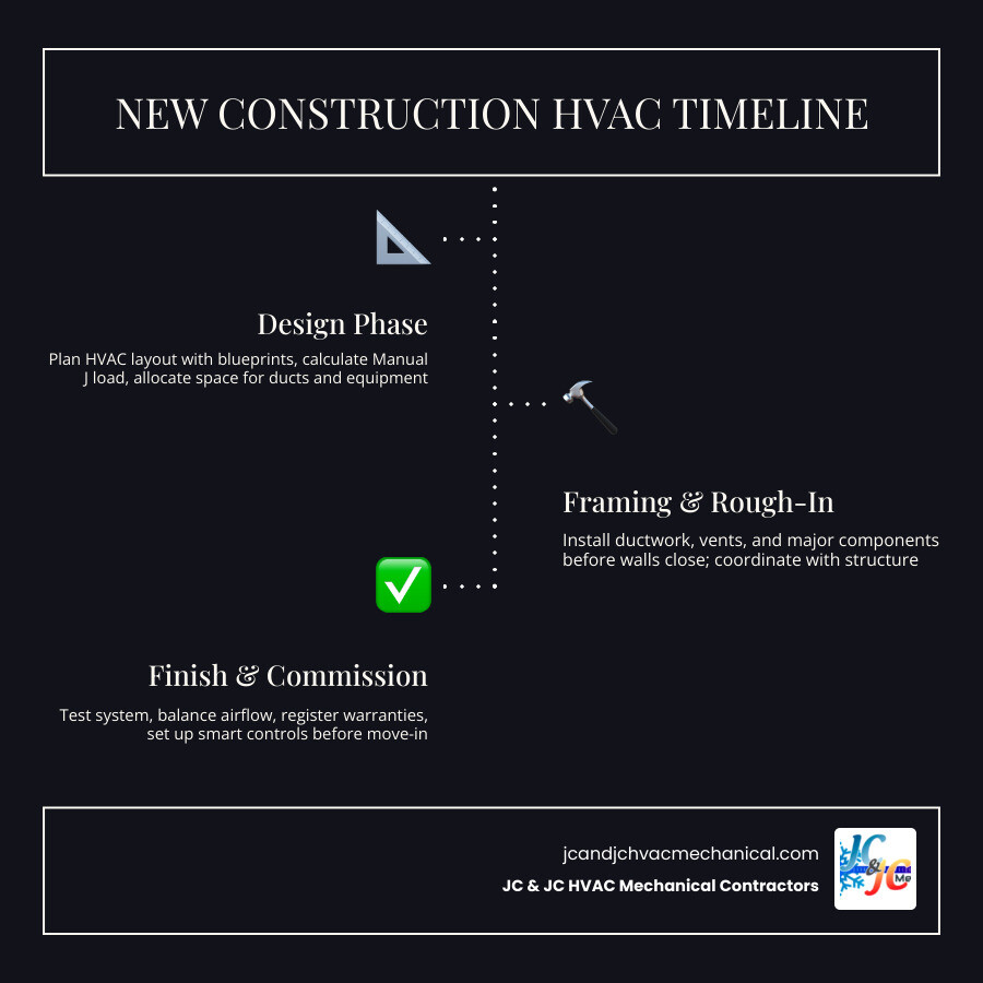 Infographic showing new construction HVAC planning timeline from design phase to move-in with key decision points - new