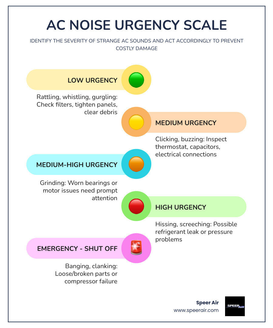 AC noise urgency scale infographic showing sounds from low to high urgency with causes - ac making strange noises what they AC noise urgency scale infographic showing sounds from low to high urgency with causes - ac making strange noises what they