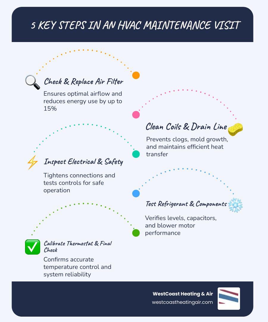 Infographic showing the steps of a standard HVAC maintenance visit from filter check to safety testing - what does an hvac