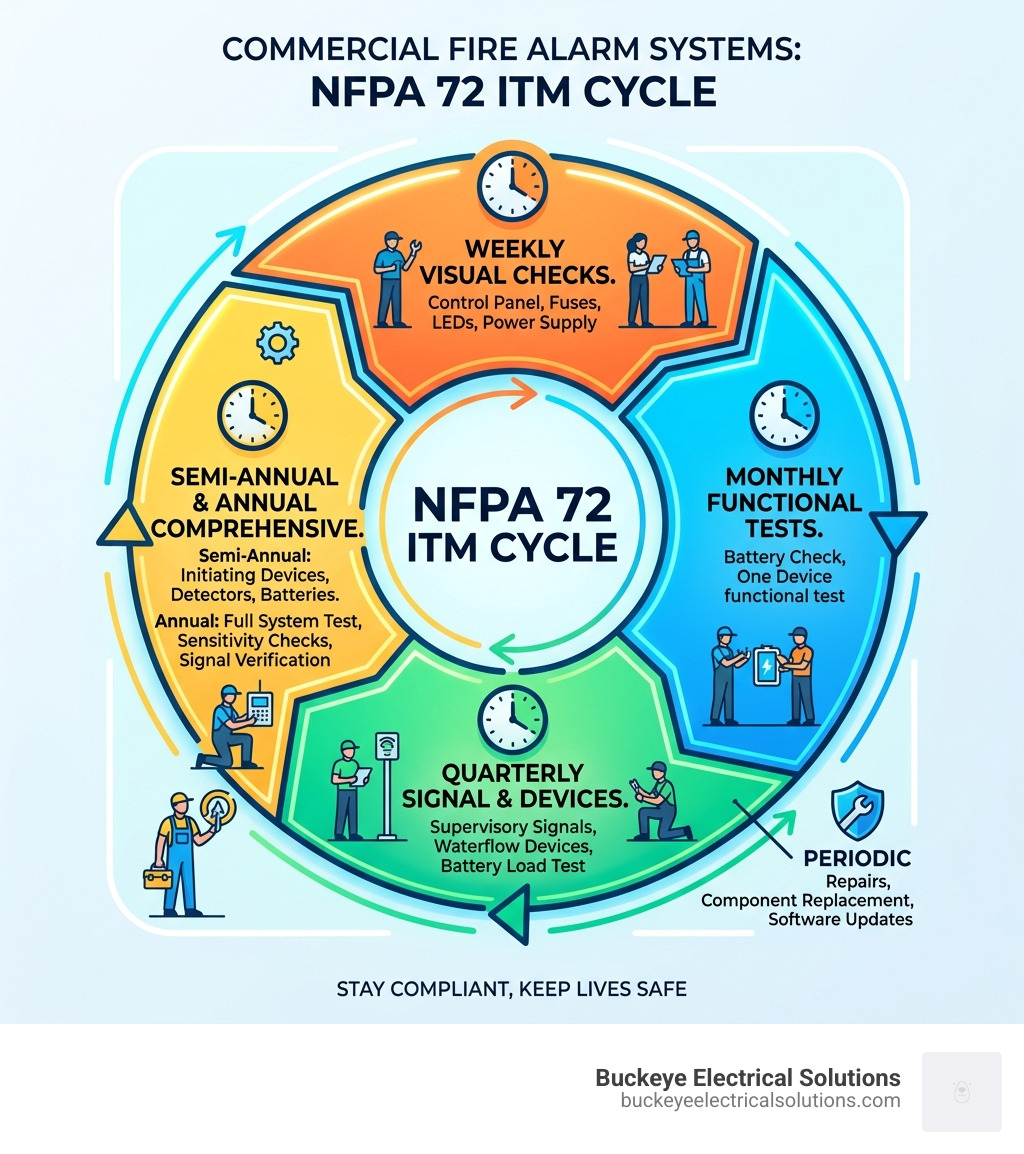 NFPA 72 inspection testing and maintenance ITM cycle for commercial fire alarm systems - Commercial fire alarm testing
