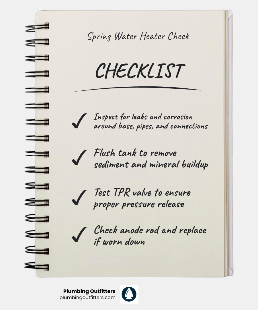 Spring water heater maintenance checklist infographic: flush tank, test TPR valve, check anode rod, set temp to 120°F Spring water heater maintenance checklist with inspection tips, flushing instructions, TPR valve testing, and anode rod replacement, branded by Plumbing Outfitters.