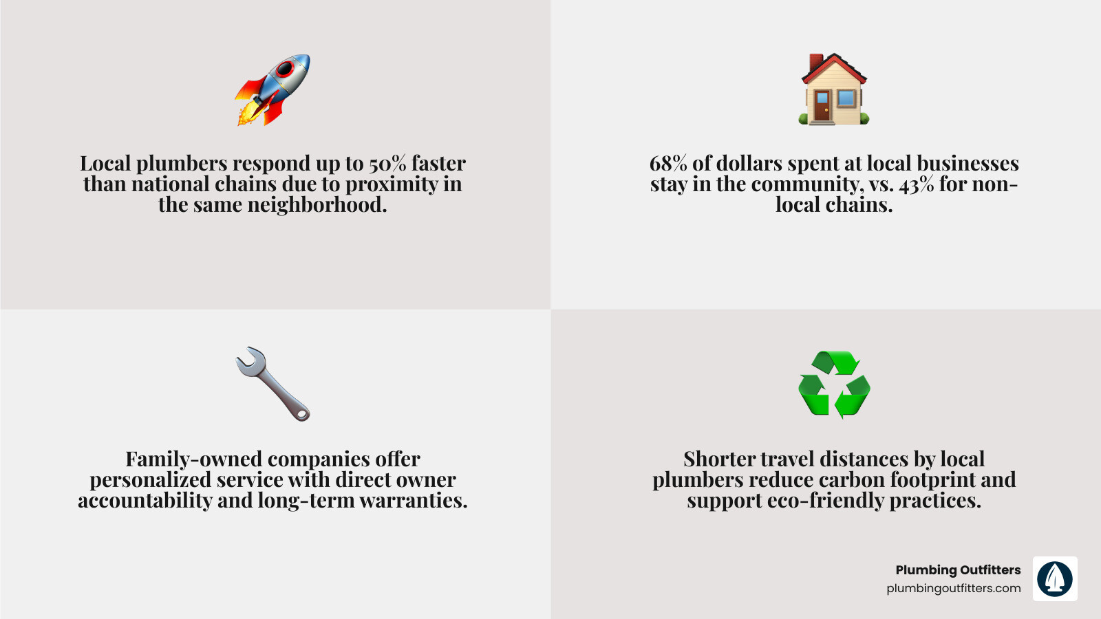 Infographic showing key benefits of choosing a locally owned family plumbing company including faster response, local Local plumbing service benefits infographic highlighting faster response times, community investment, personalized service, and eco-friendly practices, featuring icons of a rocket, house, wrench, and recycling symbol, with brand name Plumbing Outfitters.