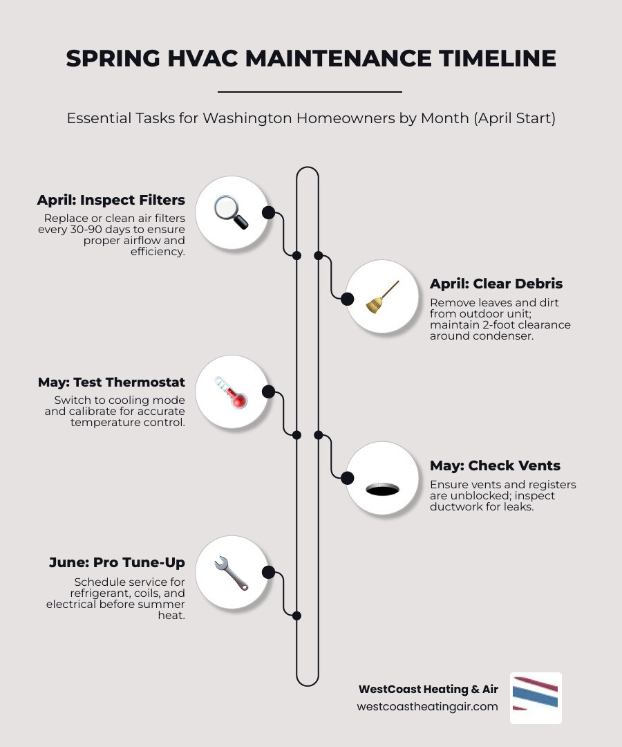 Spring HVAC maintenance timeline infographic for Washington homeowners showing key tasks by month - spring ac and heat pump Spring HVAC maintenance timeline infographic for Washington homeowners showing key tasks by month - spring ac and heat pump