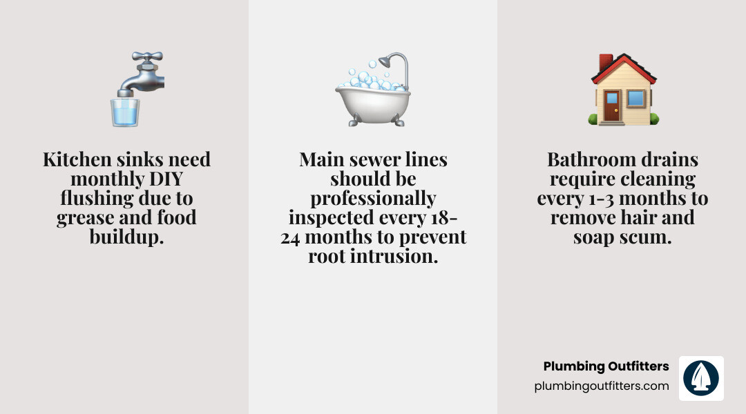Infographic showing drain cleaning frequency by type: kitchen monthly DIY and annual professional, bathroom every 1-3 months Infographic showing drain cleaning frequency by type: kitchen monthly DIY and annual professional, bathroom every 1-3 months