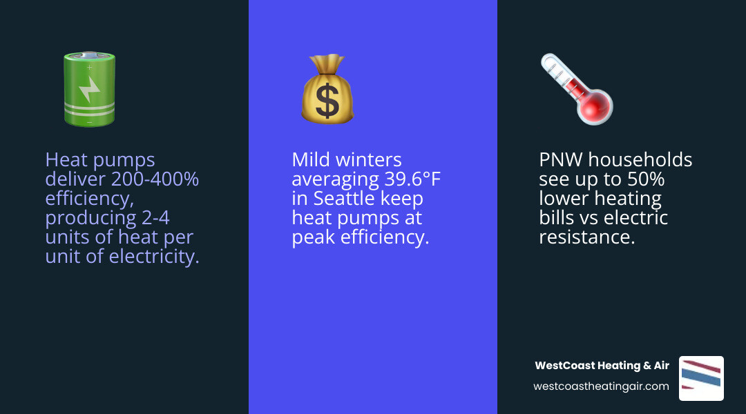 Infographic showing heat pump benefits for Pacific Northwest homeowners including efficiency ratings, climate data, and cost Infographic showing heat pump benefits for Pacific Northwest homeowners including efficiency ratings, climate data, and cost