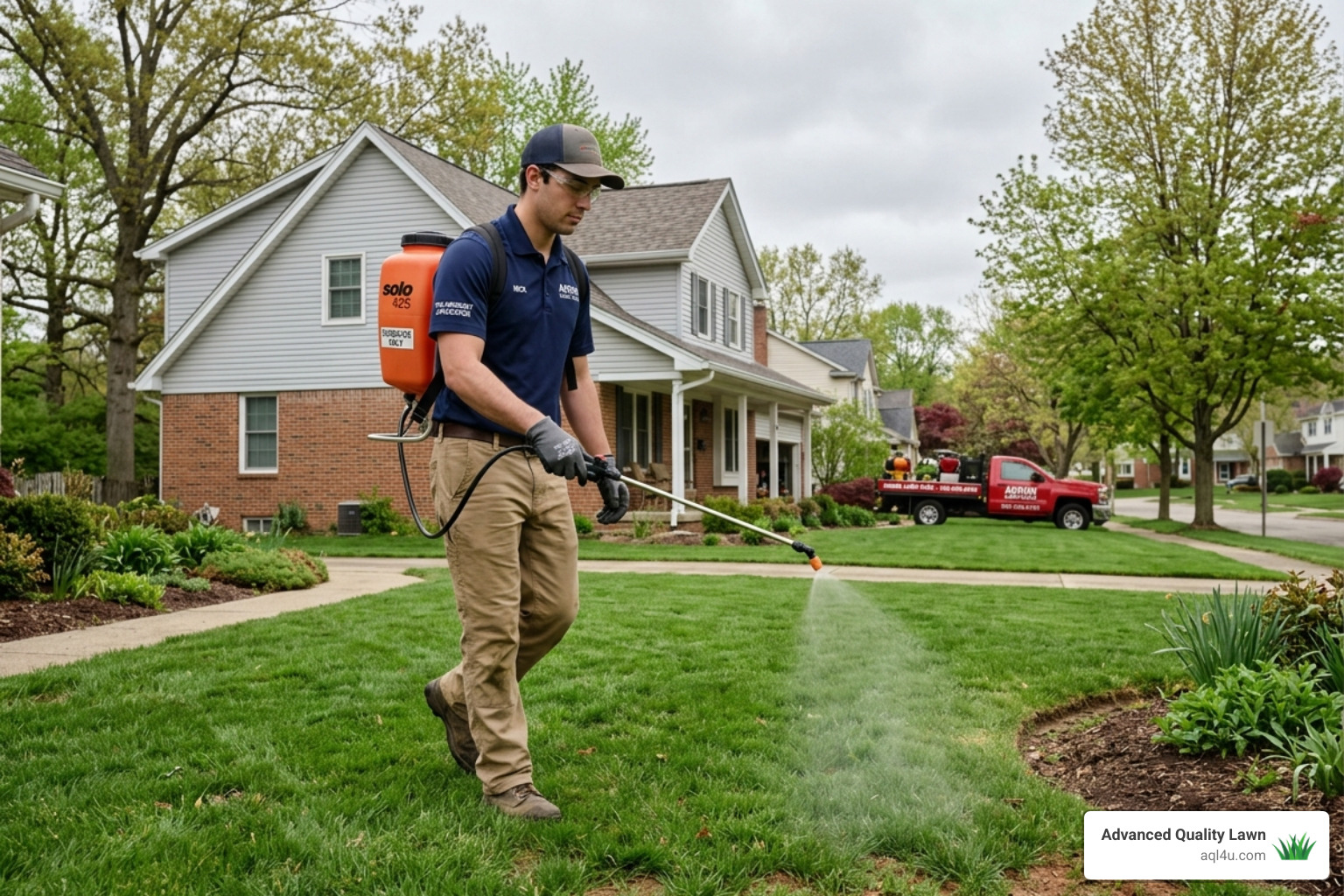 technician applying liquid pre-emergent to an Akron lawn - akron lawn weed control technician applying liquid pre-emergent to an Akron lawn - akron lawn weed control