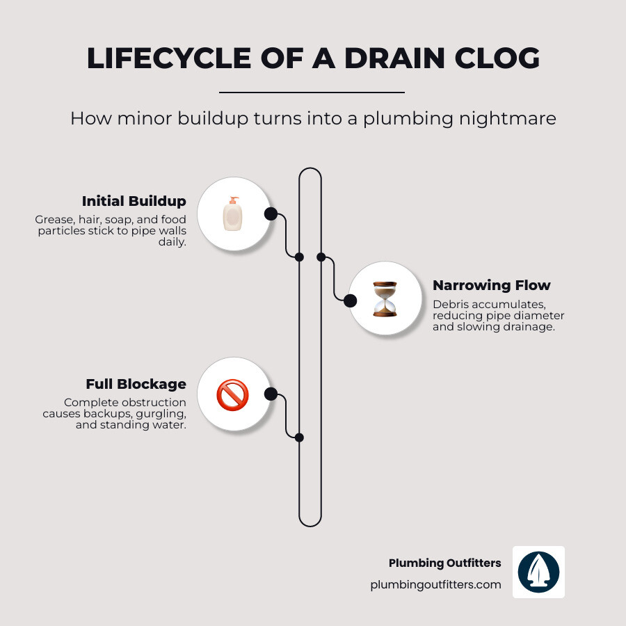 Infographic showing the lifecycle of a drain clog from minor buildup to full blockage and backup - do i need my drains Lifecycle of a drain clog infographic illustrating initial buildup, narrowing flow, and full blockage, emphasizing the importance of professional drain cleaning and maintenance by Plumbing Outfitters.