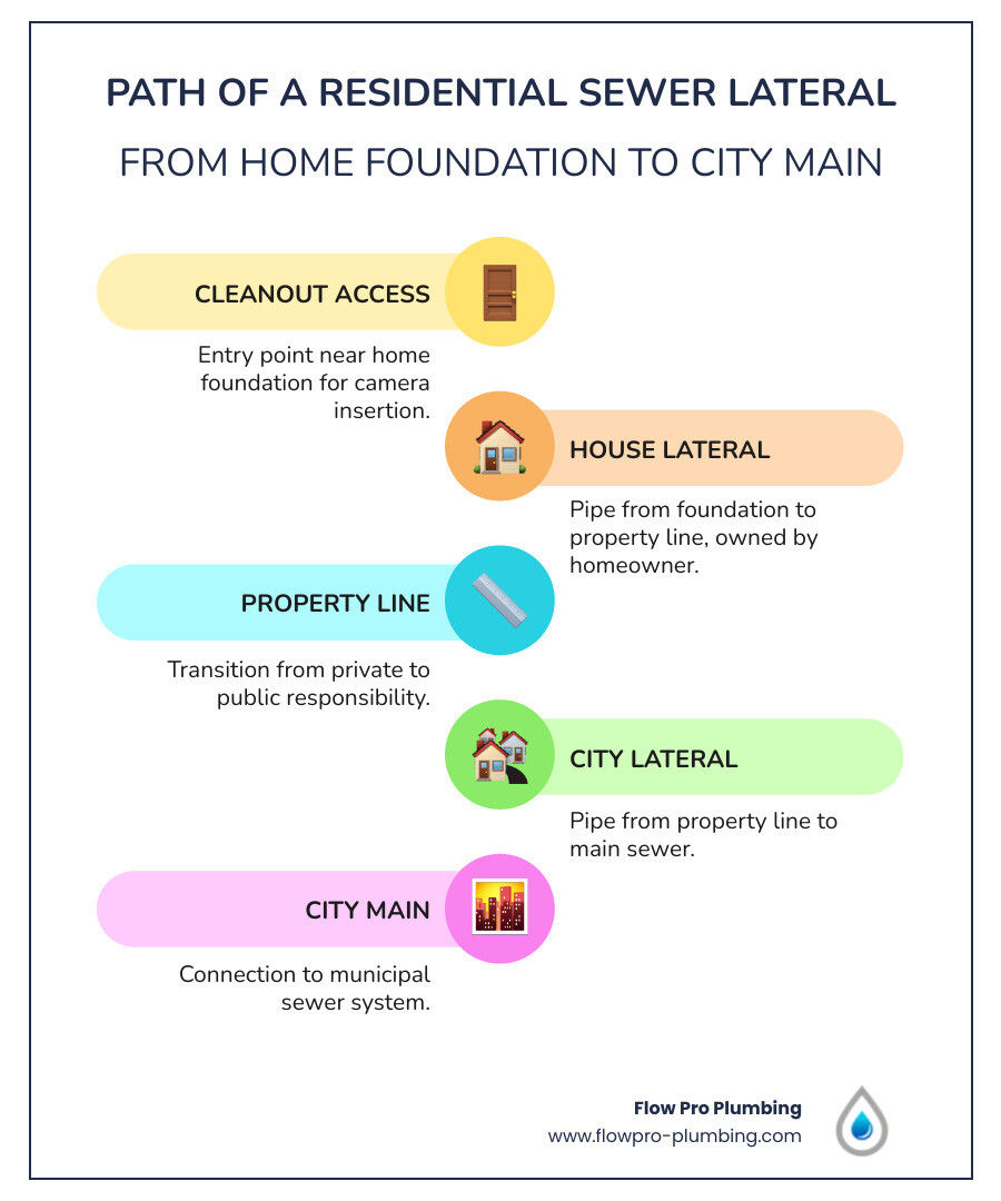 Infographic showing the path of a residential sewer lateral from home foundation to city main sewer connection - what is a Infographic showing the path of a residential sewer lateral from home foundation to city main sewer connection - what is a