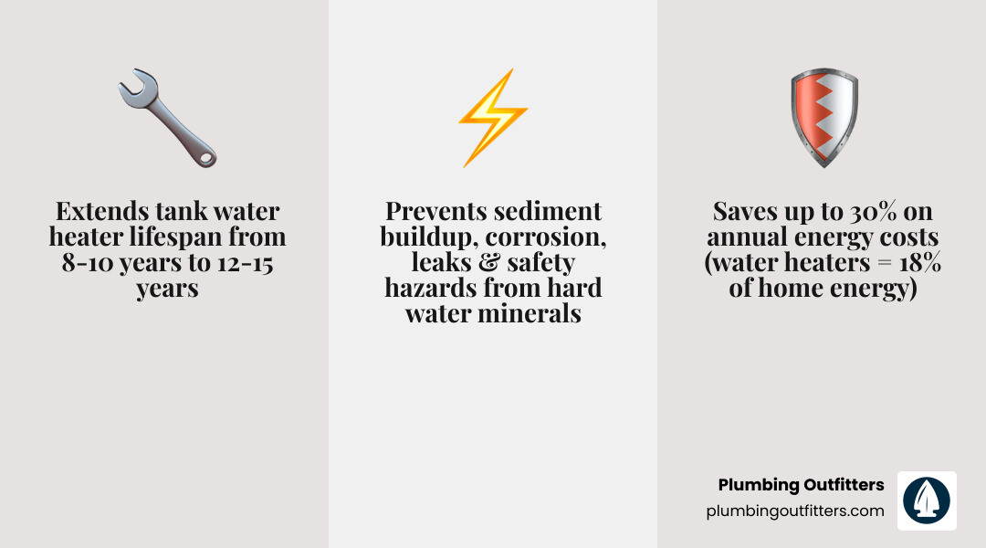 Annual water heater maintenance benefits infographic showing lifespan extension, energy savings, safety checks, and Annual water heater maintenance benefits infographic showing lifespan extension, energy savings, safety checks, and