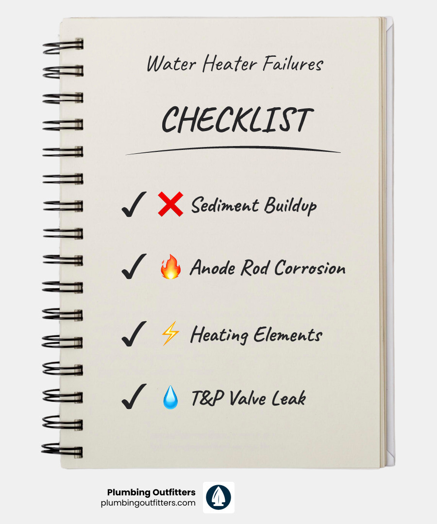 infographic showing common water heater failure points including anode rod, heating elements, T&P valve, and sediment infographic showing common water heater failure points including anode rod, heating elements, T&P valve, and sediment