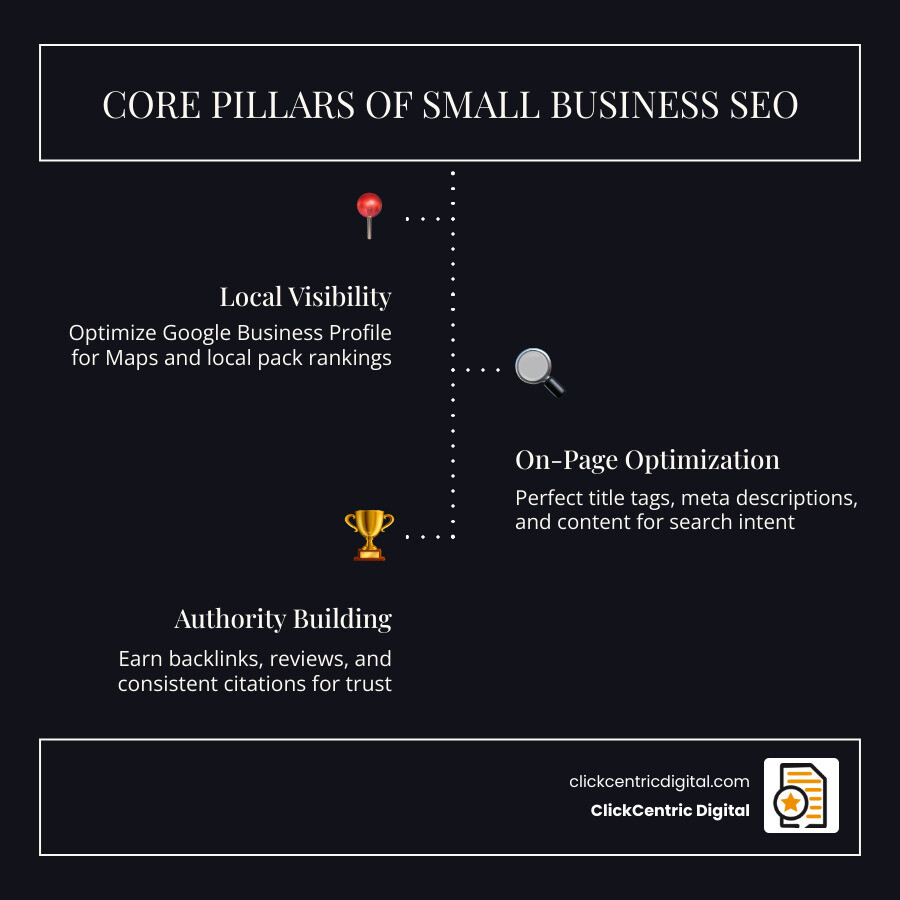 Small business SEO ecosystem infographic showing GBP, on-page SEO, content, backlinks, and AI search - small business seo