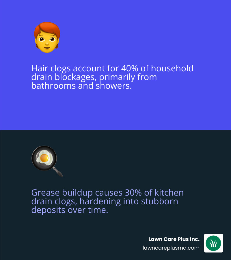 Common causes of household drain blockages infographic with clog types and percentages - best drain cleaning solution