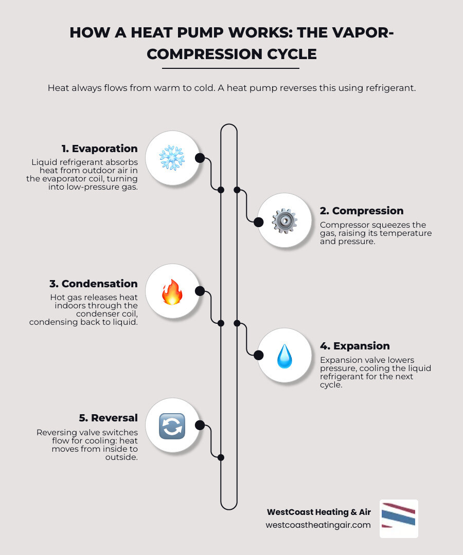 Infographic showing the basic heat pump cycle: outdoor unit absorbs heat, refrigerant carries it indoors, indoor unit Infographic showing the basic heat pump cycle: outdoor unit absorbs heat, refrigerant carries it indoors, indoor unit