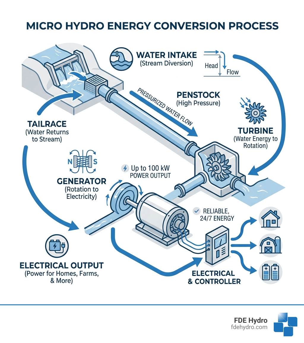 Infographic showing micro hydro energy conversion from stream intake through penstock turbine generator to electrical output