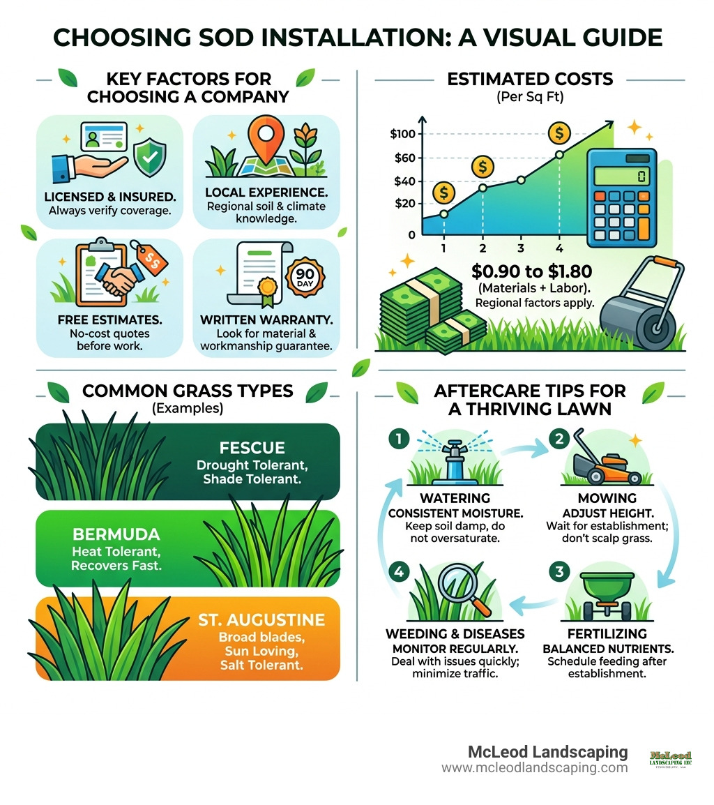Infographic showing key factors for choosing sod installation companies, costs, grass types, and aftercare tips - sod