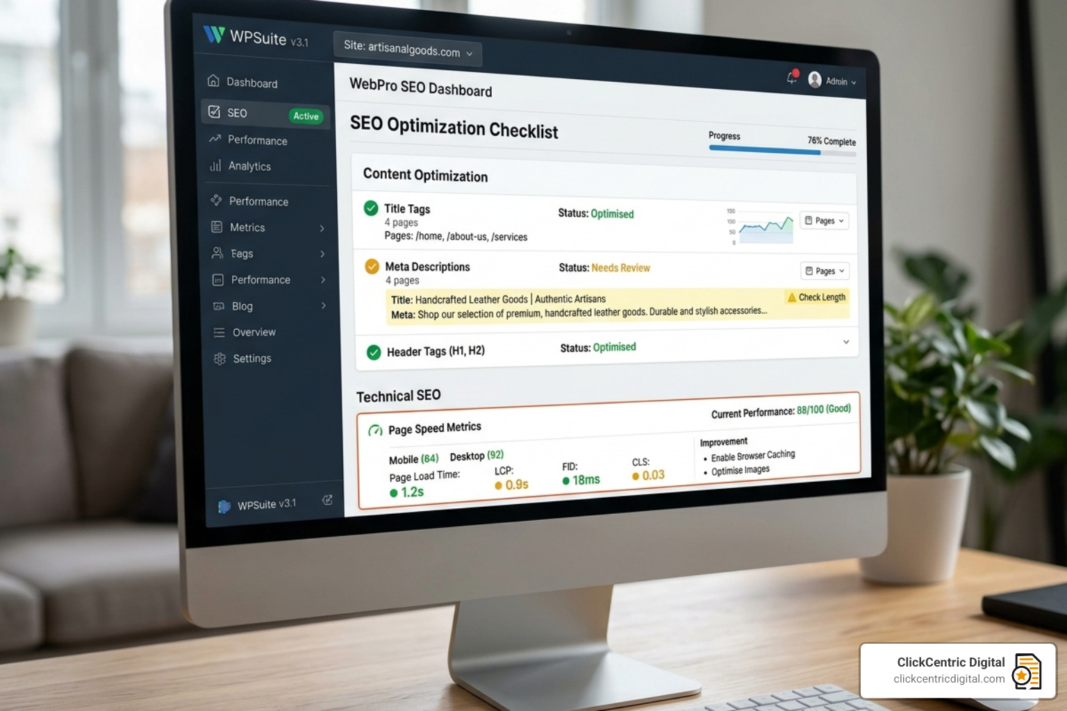website backend optimization checklist showing title tags, meta descriptions, and page speed - small business seo