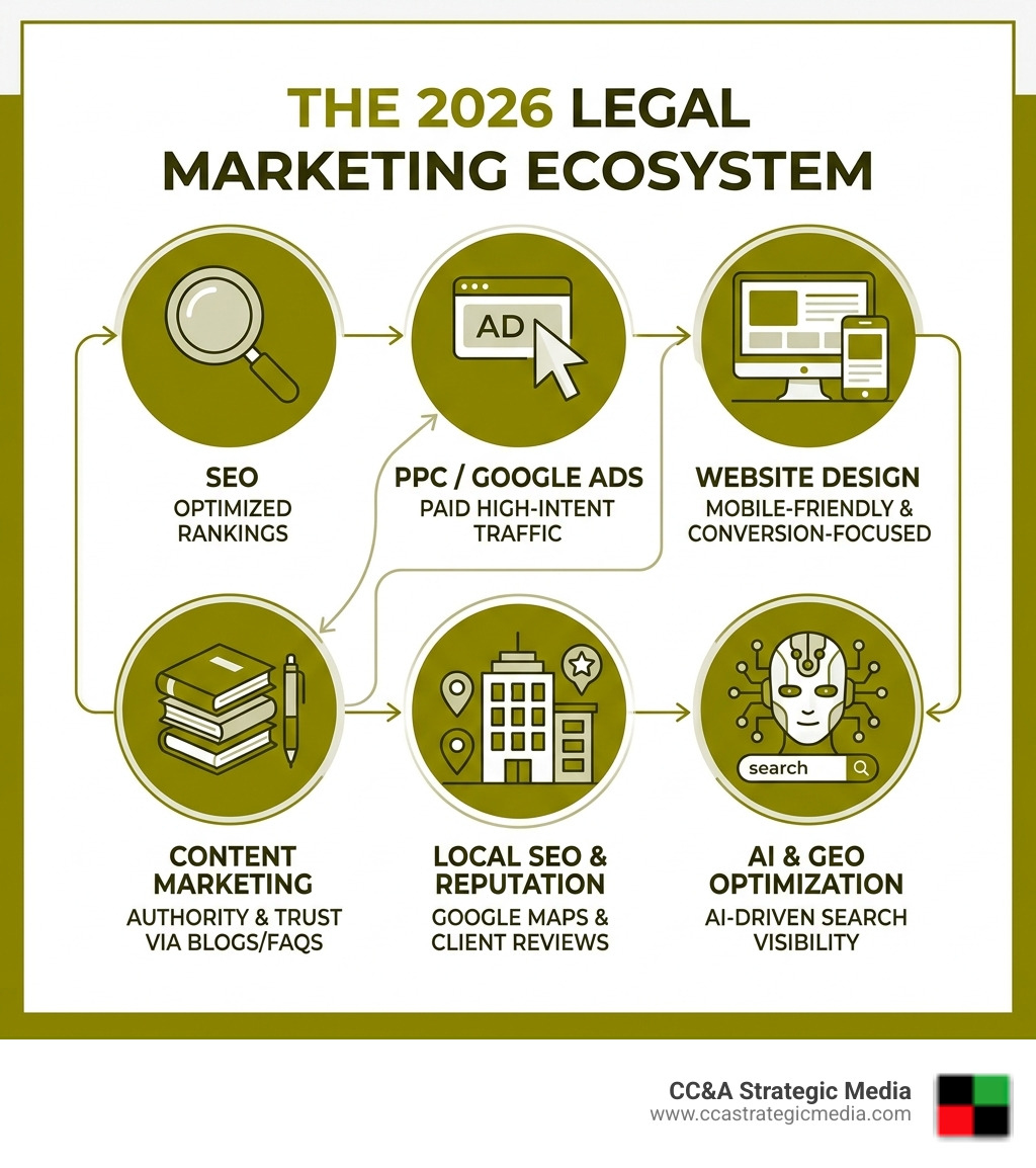 Infographic showing the 2026 legal marketing ecosystem: SEO, PPC, AI optimization, reputation, content, and website design Infographic showing the 2026 legal marketing ecosystem: SEO, PPC, AI optimization, reputation, content, and website design