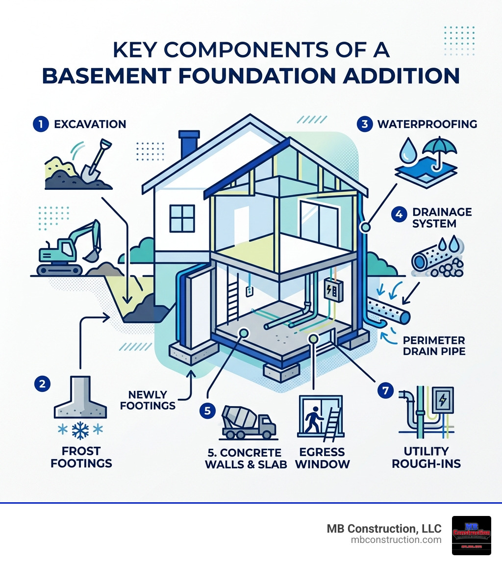 Infographic showing key components of a basement foundation addition: excavation, frost footings, waterproofing, drainage Infographic showing key components of a basement foundation addition: excavation, frost footings, waterproofing, drainage