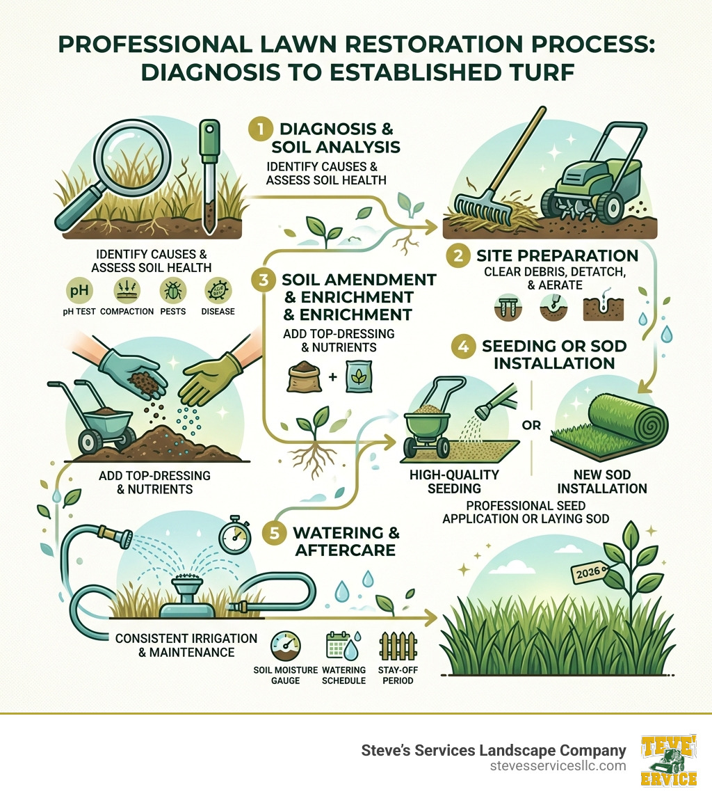 Steps of professional lawn restoration process from diagnosis to established turf - quick lawn repair infographic Steps of professional lawn restoration process from diagnosis to established turf - quick lawn repair infographic