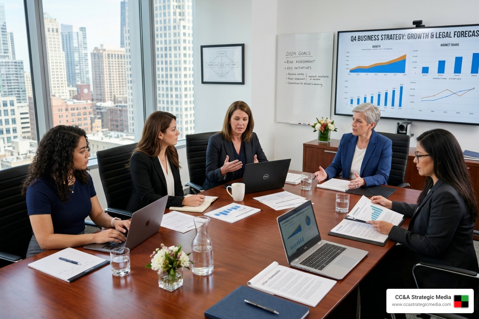 Strategic business planning session in a modern boardroom with confident professional women attorneys - law firm marketing Strategic business planning session in a modern boardroom with confident professional women attorneys - law firm marketing