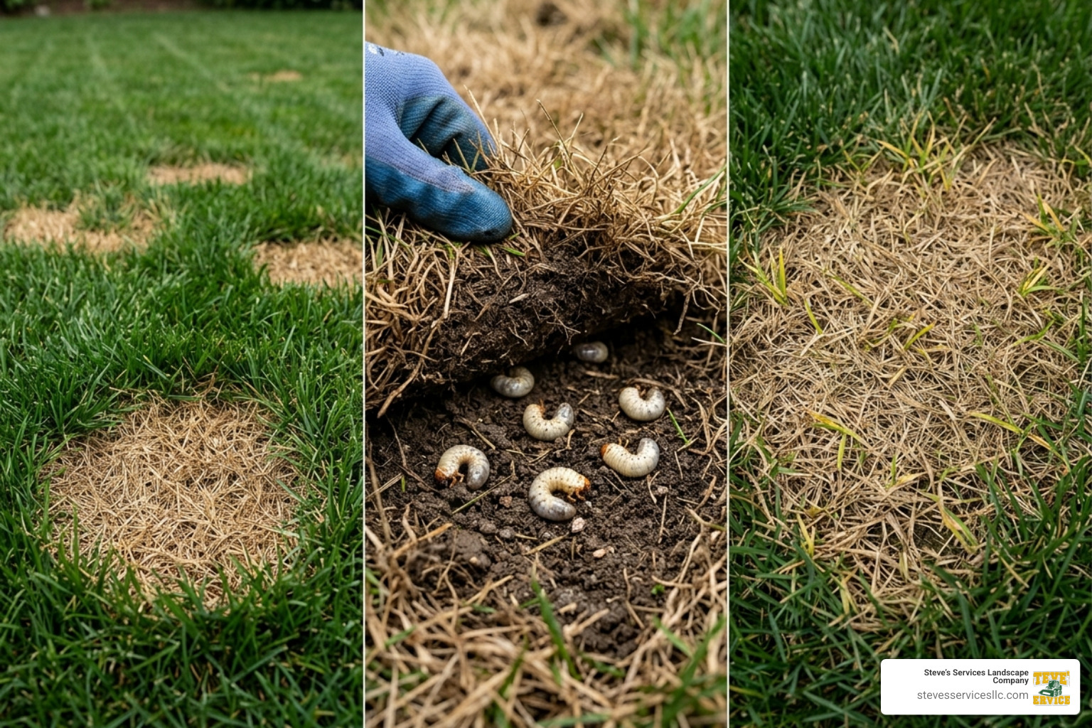 Close up of common lawn diseases, grubs, and pet urine burn patterns - quick lawn repair Close up of common lawn diseases, grubs, and pet urine burn patterns - quick lawn repair