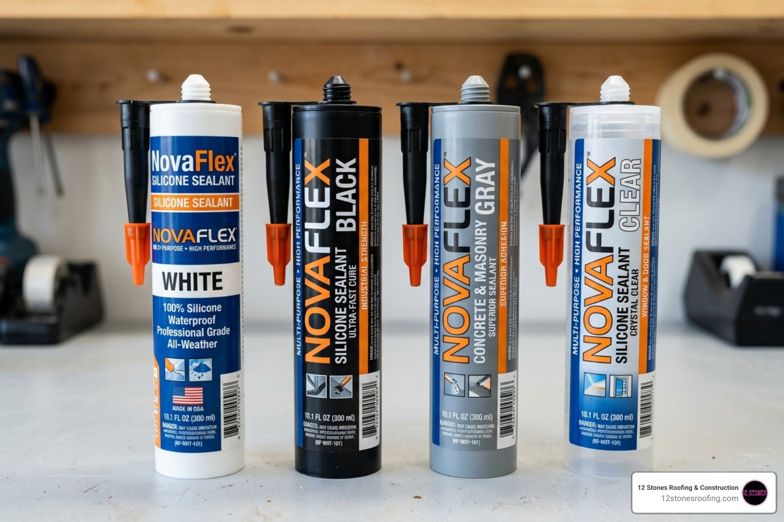 Variety of NovaFlex cartridges in different colors showing the professional packaging - novaflex metal roof sealant