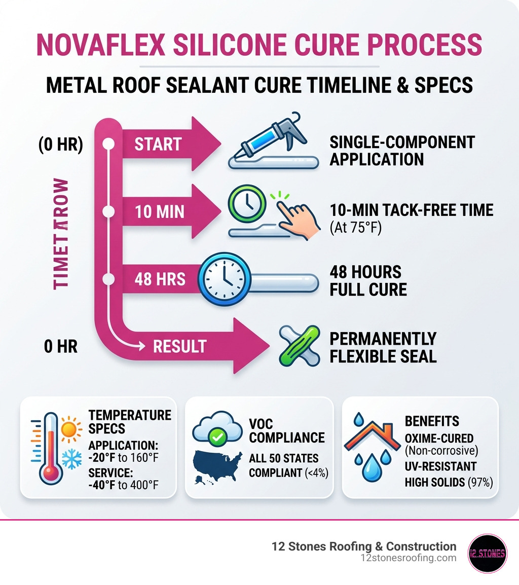 Infographic showing NovaFlex 48-hour silicone cure process: 10-min tack-free, full cure at 48 hours, temp and VOC specs