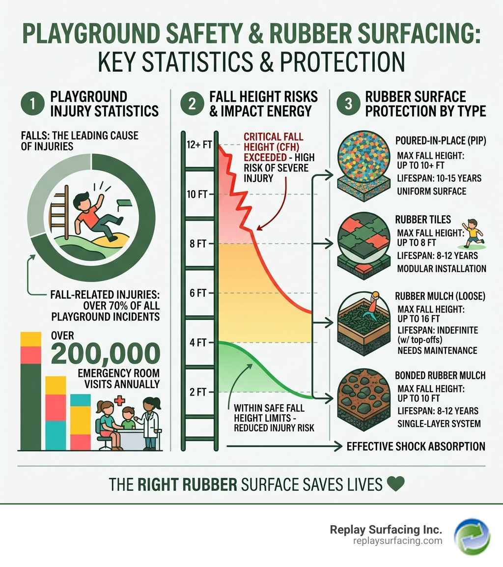 Infographic showing playground injury statistics, fall height risks, and rubber surface protection by type - playground