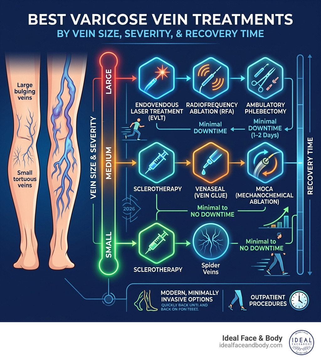 Infographic showing best varicose vein treatments by vein size, severity, and recovery time - best treatment for varicose Infographic showing best varicose vein treatments by vein size, severity, and recovery time - best treatment for varicose