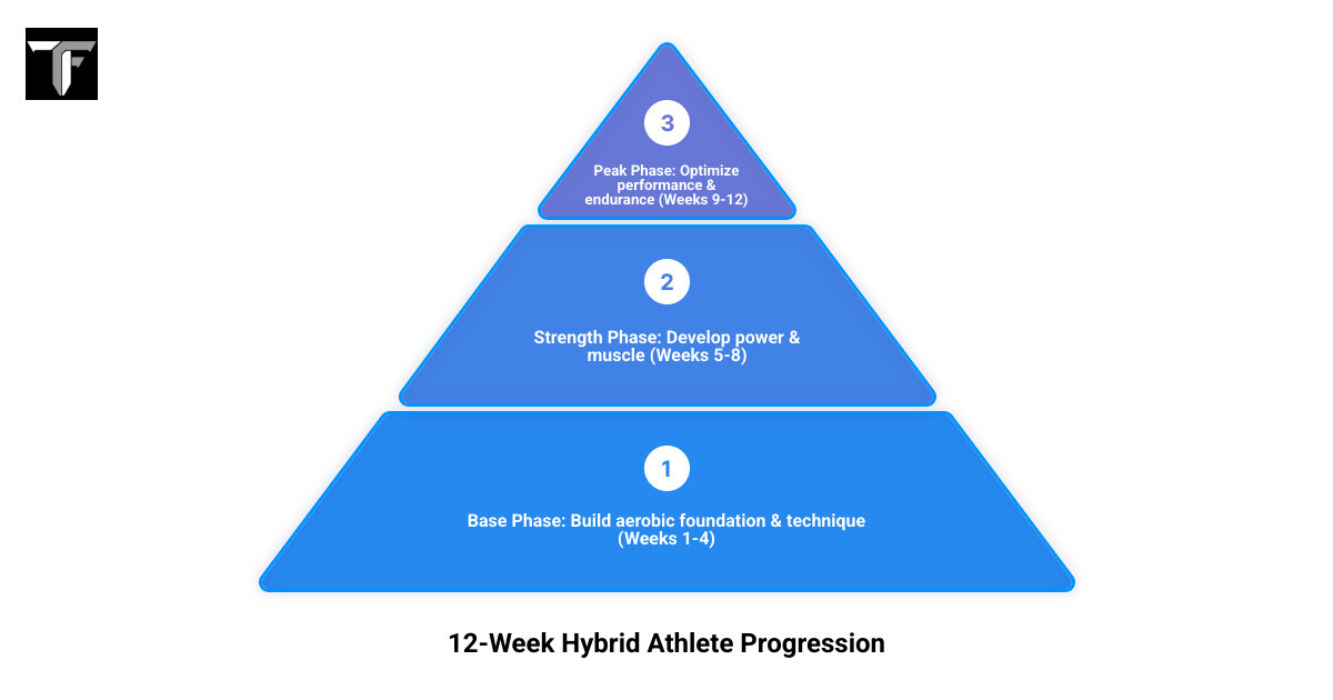 Infographic showing 12-week hybrid athlete training progression phases from base to strength to peak - athlete training Infographic showing 12-week hybrid athlete training progression phases from base to strength to peak - athlete training
