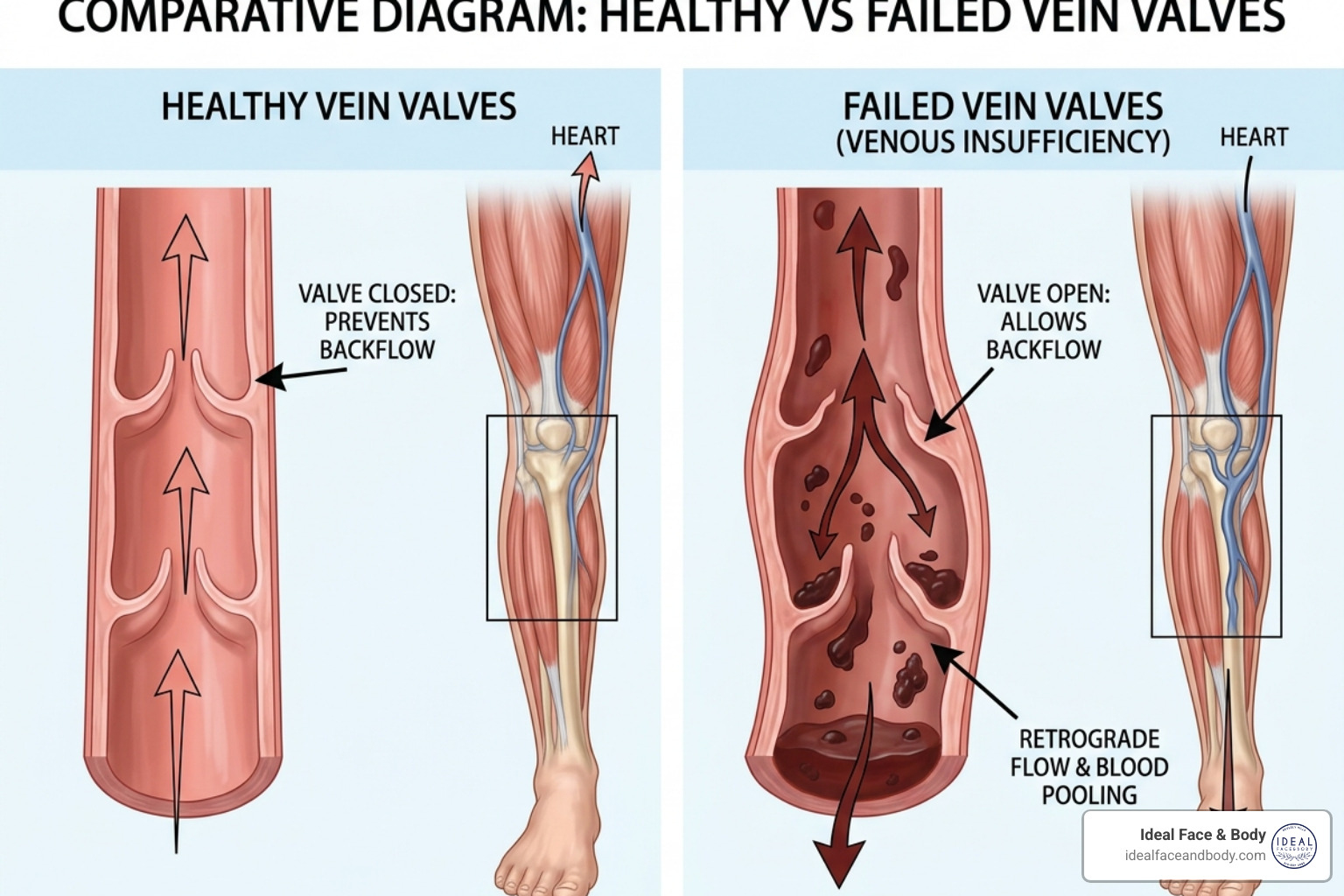 Diagram showing healthy vein valves versus failed valves causing blood pooling - best treatment for varicose veins Diagram showing healthy vein valves versus failed valves causing blood pooling - best treatment for varicose veins
