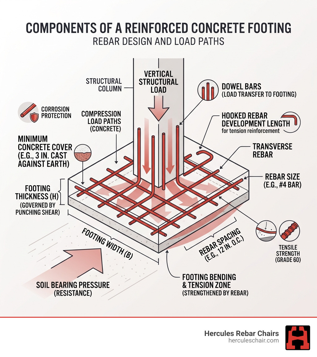 Components of a reinforced concrete footing with rebar layout, dimensions, cover, and load paths labeled - footing rebar Components of a reinforced concrete footing with rebar layout, dimensions, cover, and load paths labeled - footing rebar