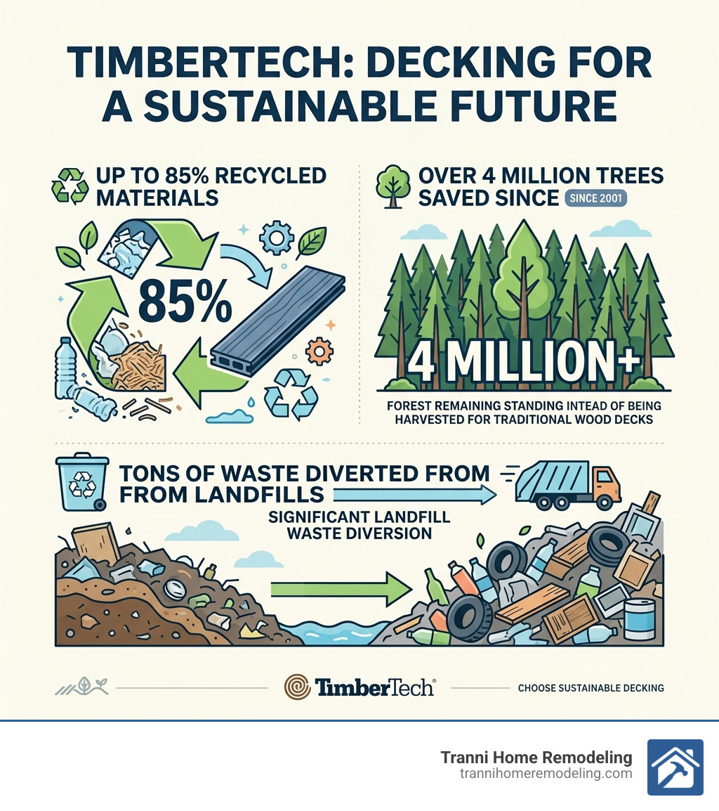 TimberTech sustainability stats infographic: recycled materials, trees saved, waste diverted - timbertech contractors near