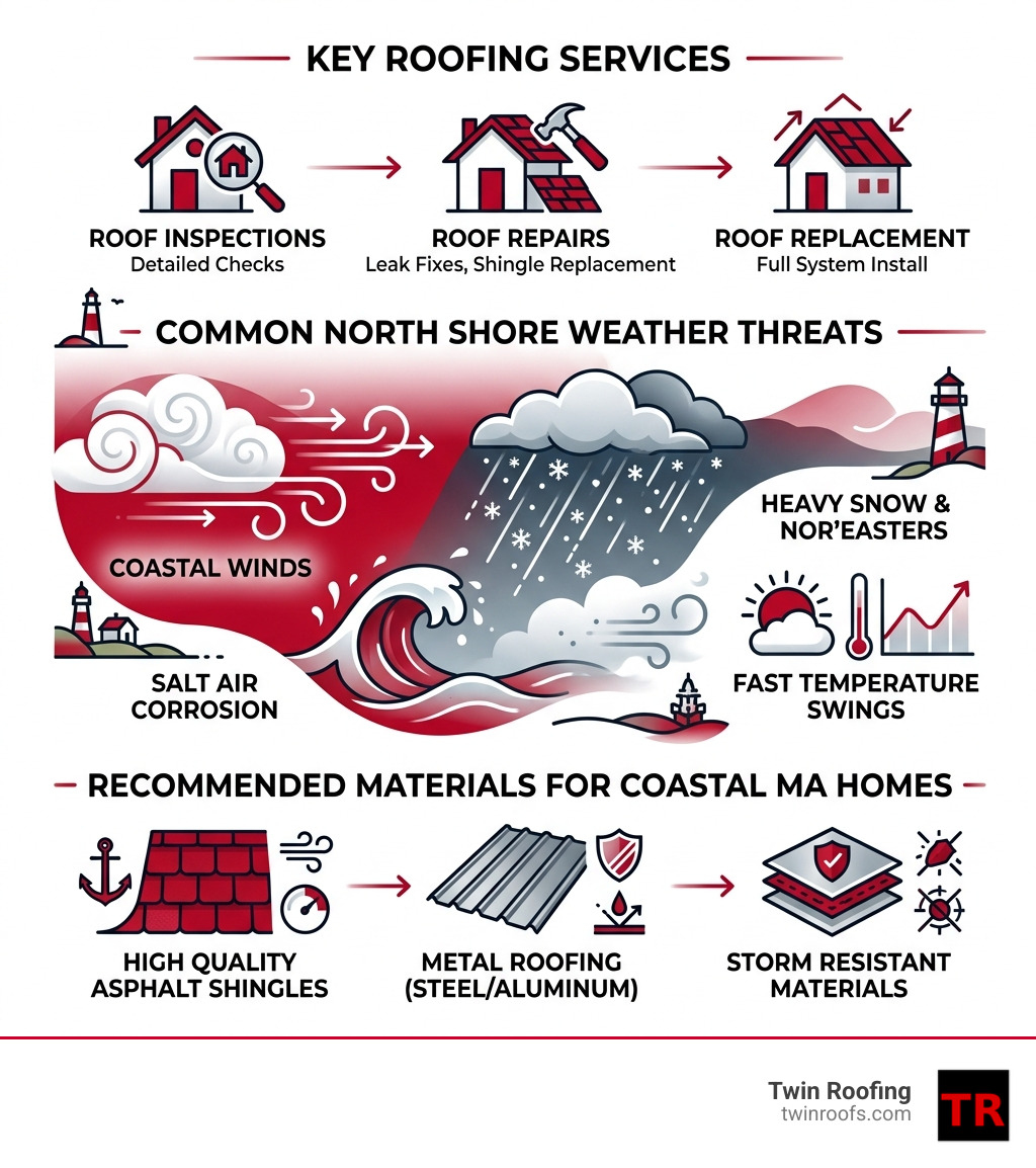 Infographic showing key roofing services, common North Shore weather threats, and recommended materials for coastal MA homes