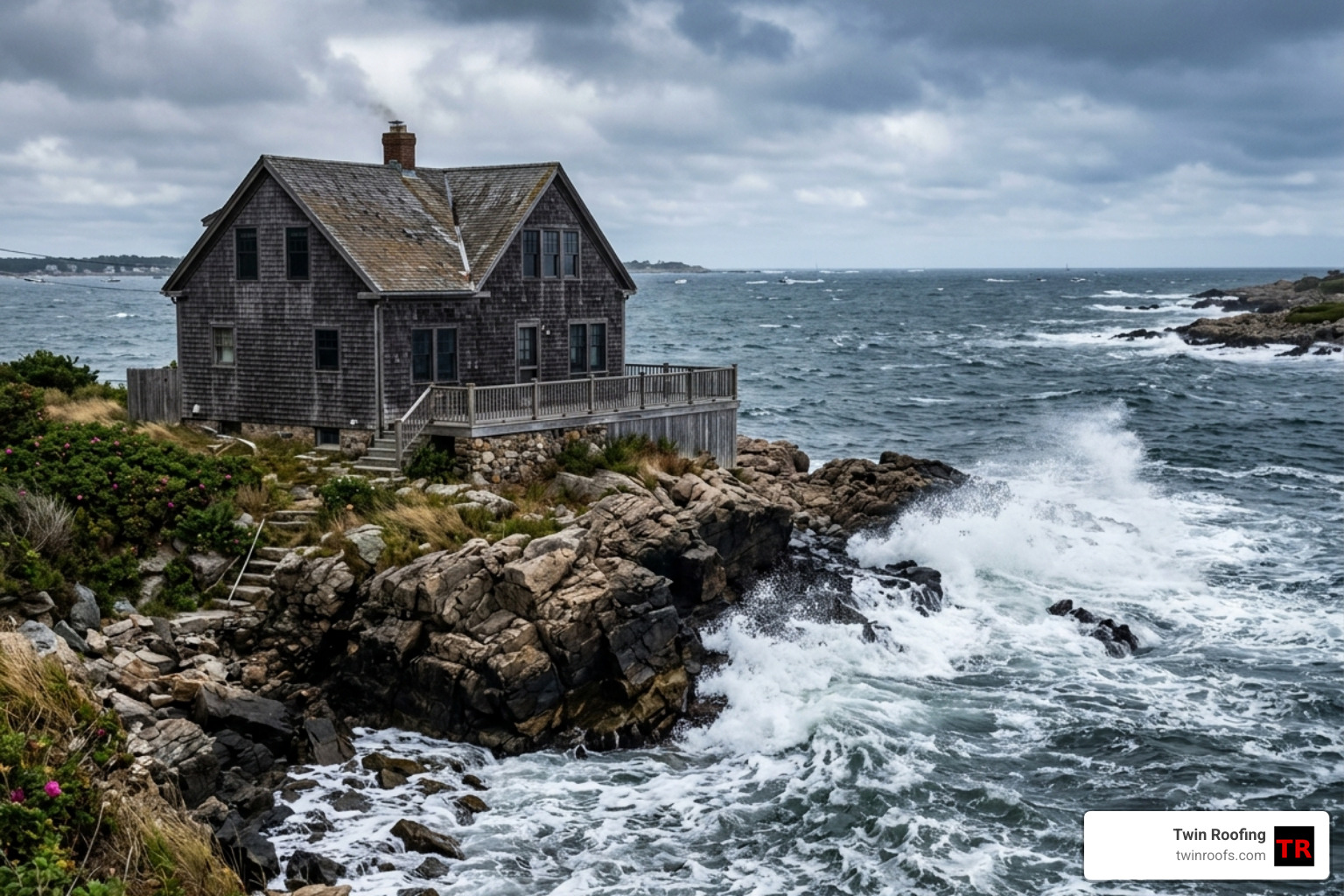 Coastal property in Marblehead showing the exposure to wind and salt air - roofing services north shore ma