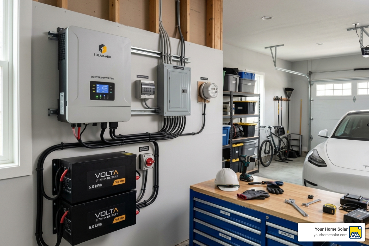 a hybrid solar inverter and lithium battery bank mounted in a garage - ac run on solar power a hybrid solar inverter and lithium battery bank mounted in a garage - ac run on solar power
