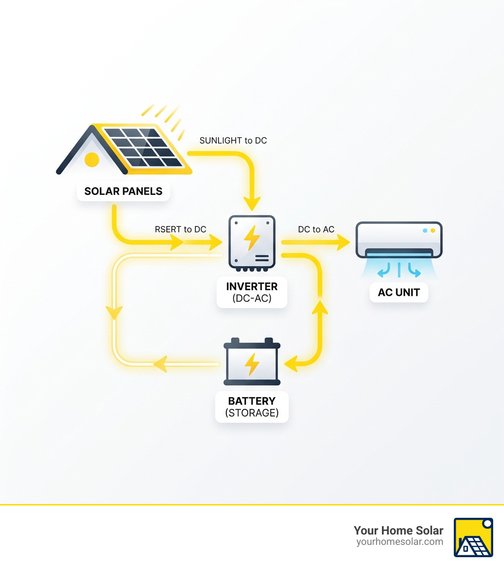 Infographic showing how solar energy flows from panels through inverter and battery to power an AC unit - ac run on solar Infographic showing how solar energy flows from panels through inverter and battery to power an AC unit - ac run on solar