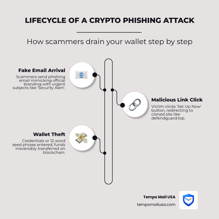 Lifecycle of a crypto phishing attack from fake email to wallet theft - crypto.com email scam infographic Lifecycle of a crypto phishing attack from fake email to wallet theft - crypto.com email scam infographic