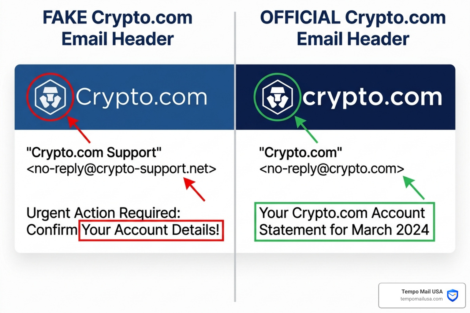 Comparing a fake Crypto.com header with the official branding - crypto.com email scam Comparing a fake Crypto.com header with the official branding - crypto.com email scam