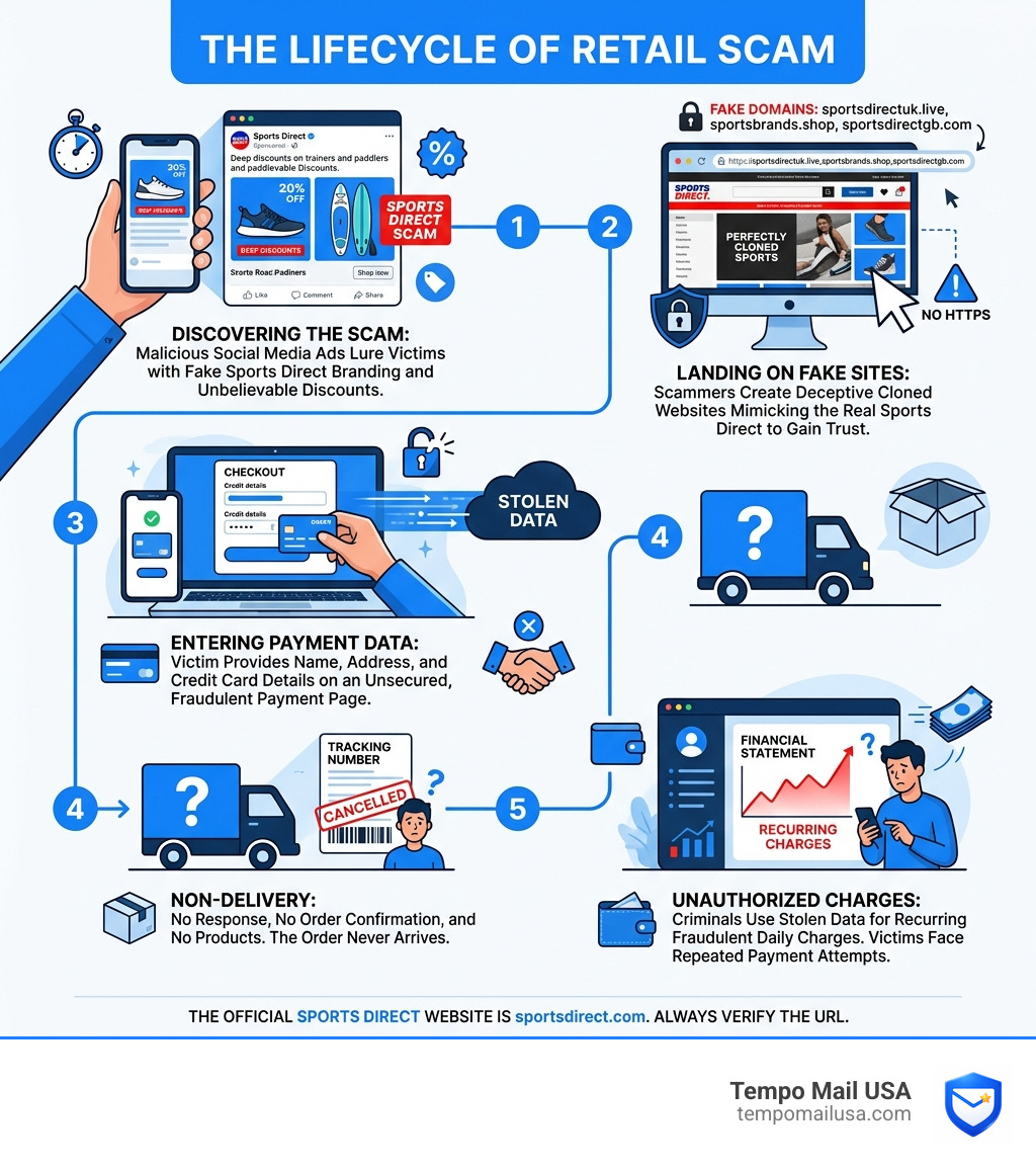 Lifecycle of a retail scam from social media ad to stolen payment data and non-delivery - sports direct scam infographic Lifecycle of a retail scam from social media ad to stolen payment data and non-delivery - sports direct scam infographic