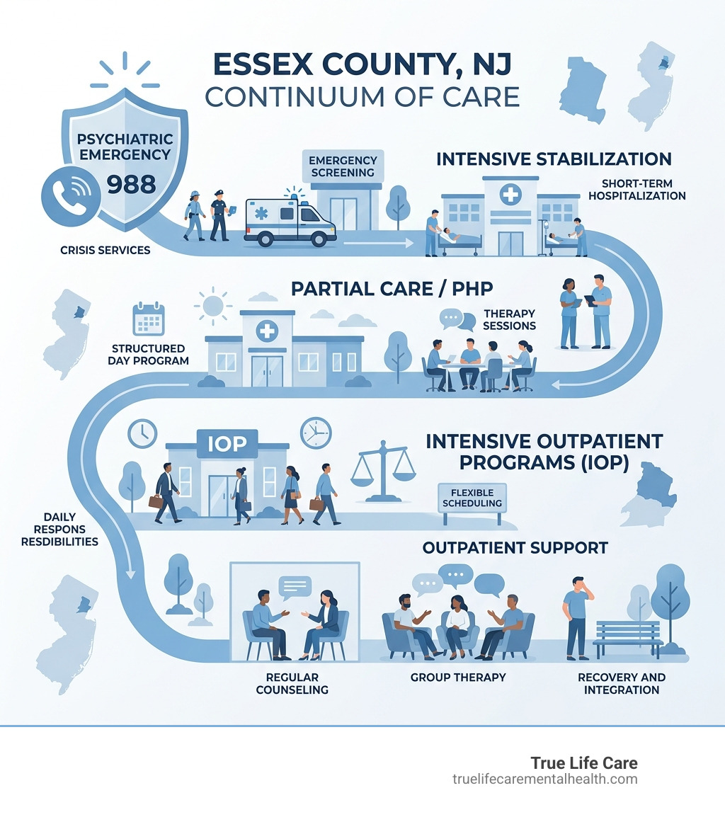 Infographic showing continuum of care from psychiatric emergency to outpatient support in Essex County NJ - Mental Health