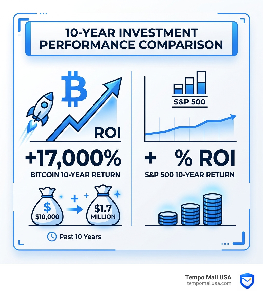 Infographic showing Bitcoin's 10-year ROI vs S&P 500 performance comparison - is bitcoin a good investment infographic 