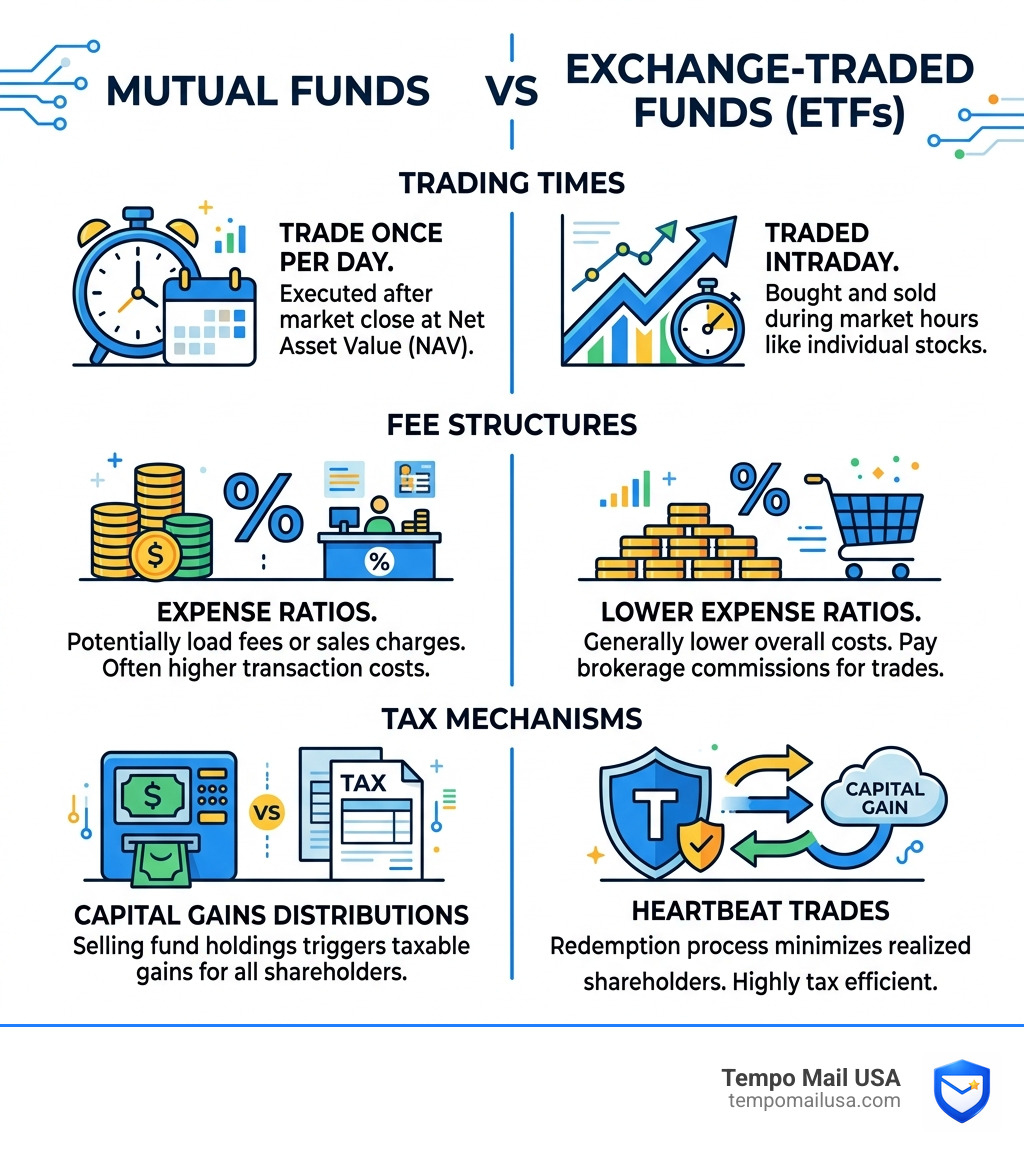 Infographic comparing Mutual Funds vs ETFs: trading times, fee structures, and tax mechanisms - is fxaix a good investment Infographic comparing Mutual Funds vs ETFs: trading times, fee structures, and tax mechanisms - is fxaix a good investment