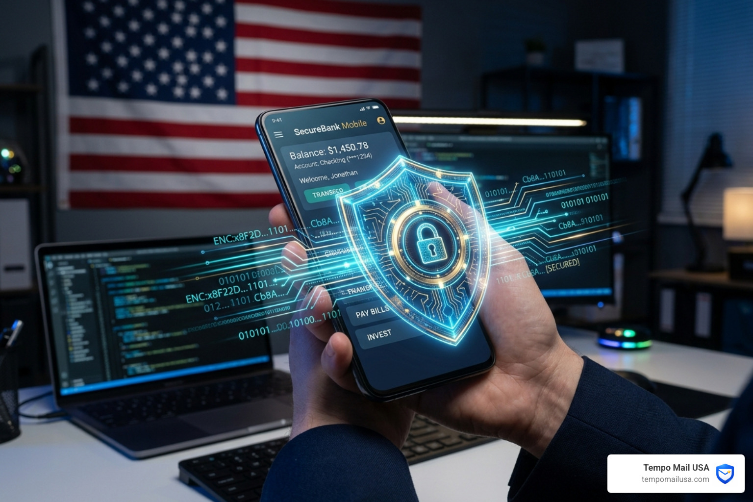 Cybersecurity graphic showing a shield over a digital banking app and encrypted data - is fxaix a good investment Cybersecurity graphic showing a shield over a digital banking app and encrypted data - is fxaix a good investment