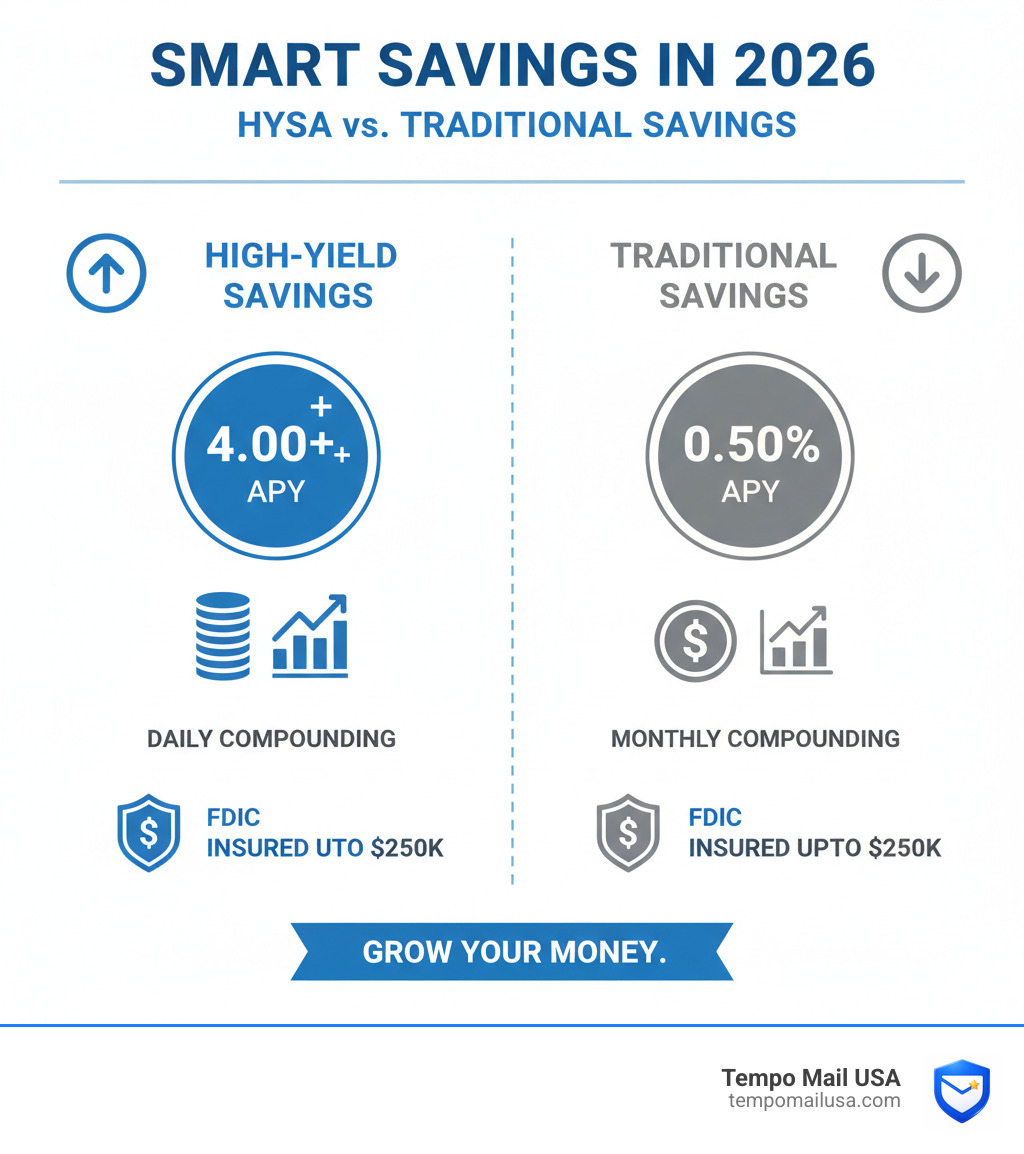 Infographic comparing HYSA vs traditional savings APY, compounding, and FDIC coverage - high yield savings account rates